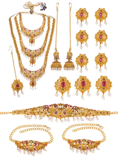 Alankruthi Gold-Plated Red & Green Stone-Studded Beaded Temple Bridal Jewellery Set