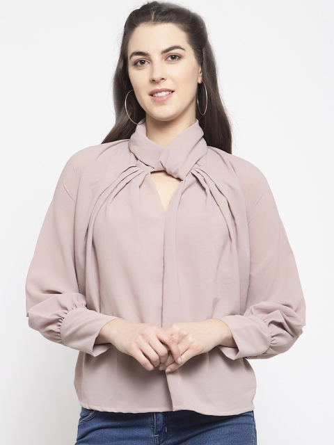 EMBLAZE Nude-Coloured Tie-Up Neck Bishop Sleeves Top