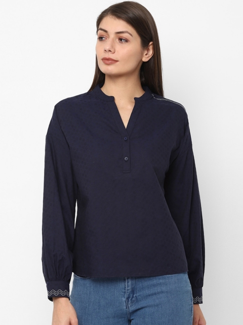 Allen Solly Woman Navy Blue Mandarin Collar Puff Sleeves Pure Cotton Shirt Style Top
Allen Solly Woman Navy Blue Mandarin Collar Puff Sleeves Pure Cotton Shirt Style Top