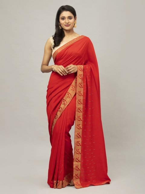 Satrani Red Poly Silk Solid Banarasi Saree