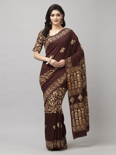 Satrani Brown Printed Polycotton Saree