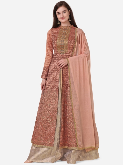 NAKKASHI Peach-Coloured & Beige Raw Silk Semi-Stitched Dress Material