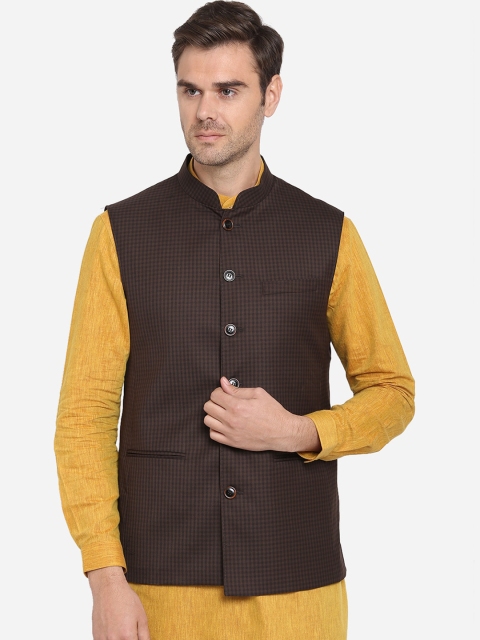 MODI JACKET Men Brown Woven Checked Nehru Jacket