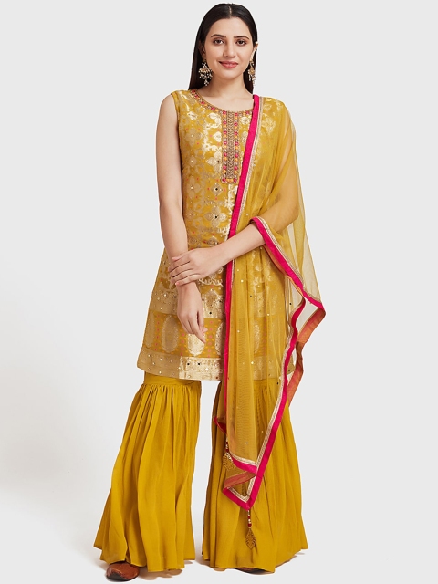 Neerus Women Mustard Yellow Woven Design Kurta with Sharara & Dupatta