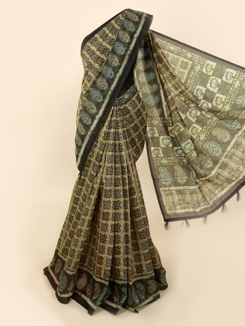Pothys Green Cotton Blend Batik Printed Chanderi Saree