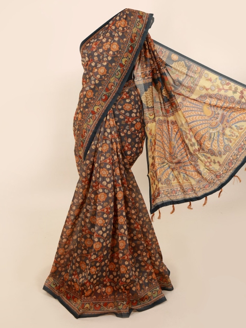 Pothys Grey Printed Cotton Blend Saree With Tasseled Pallu