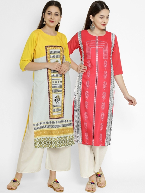 7Threads Pack of 2 Quirky Printed Sequins Crepe Kurta, Multi