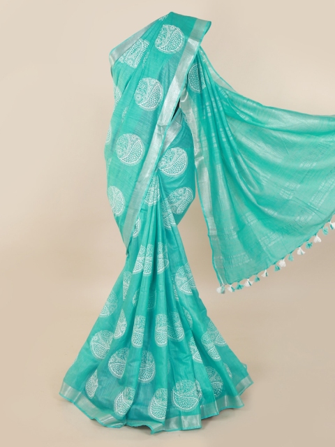 Pothys Blue Printed Linen Blend Saree