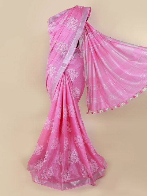 Pothys Pink Printed Linen Blend Saree