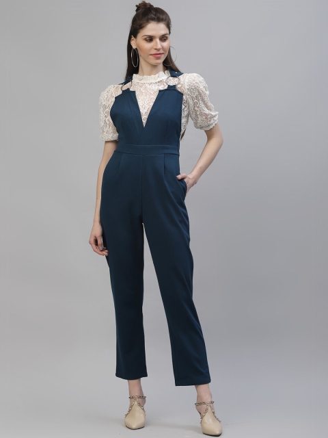 Athena Women Teal Blue Scuba Crepe Dungaree with Side Pockets
