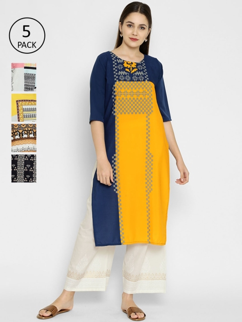 7Threads Pack Of 5 Printed Crepe Kurtas, Multi