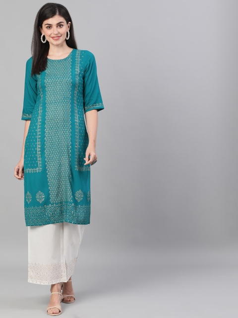 Nayo Women Green & Off-White Printed Kurta with Palazzos
