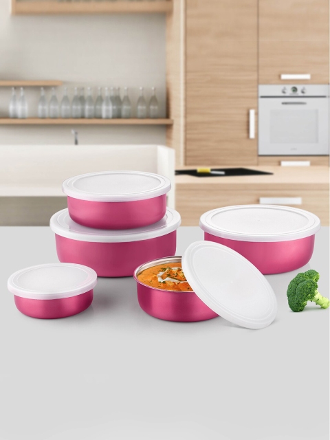 Jensons Set Of 5 Pink & White Stainless Steel Bowl Storage Set With Lids