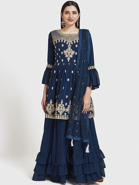 Neerus Women Navy Blue & Beige Embroidered Kurti with Sharara & Dupatta