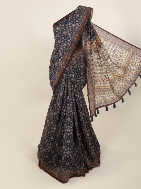 Pothys Grey Printed Cotton Blend Saree With Tasseled Pallu