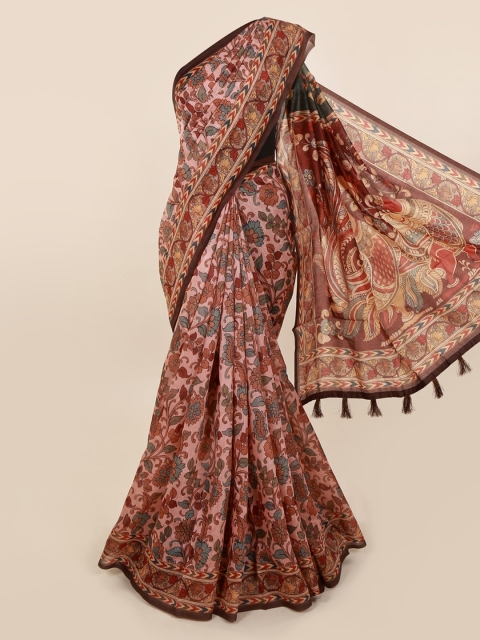 Pothys Peach-Coloured Cotton Blend Floral Printed Chanderi Saree