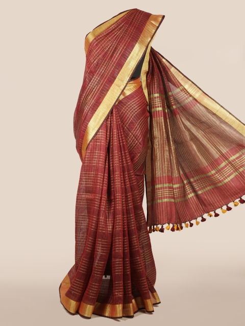 Pothys Maroon Checked Linen Blend Saree
