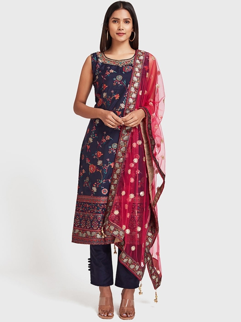 Neerus Women Navy Blue & Red Woven Design Kurta with Trousers & Dupatta