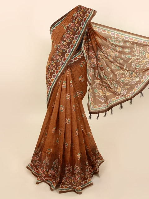 Pothys Brown Printed Cotton Blend Saree With Tasseled Pallu