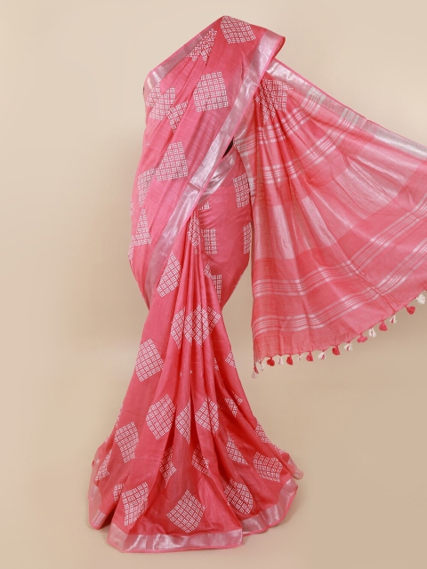 Pothys Pink Printed Linen Blend Saree