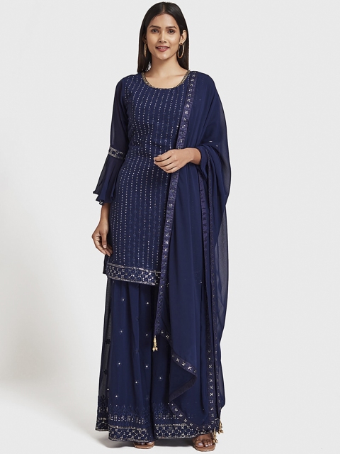 Neerus Women Navy Blue Self Design Kurta with Palazzos & Dupatta