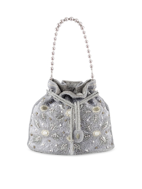 Mochi Silver-Toned Embellished Potli Clutch