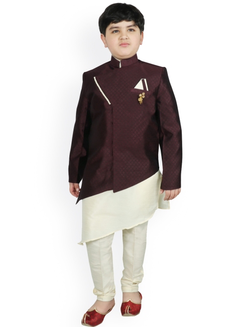 SG YUVRAJ Boys Coffee Brown & Cream-Coloured Raw Silk Woven-Design Sherwani