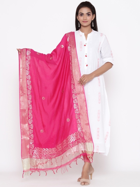 SOUNDARYA Pink & Silver-Toned Embroidered Dupatta