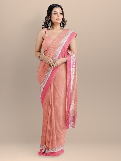 BharatSthali Peach-Coloured & Pink Silk Cotton Solid Maheshwari Saree