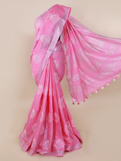 Pothys Pink Printed Linen Blend Saree