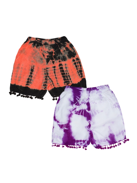 KiddoPanti Girls Multicoloured Solid Regular Fit Hot Pants With Pompom Detailing, Multi