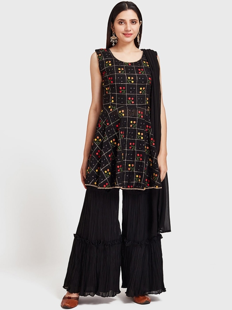 Neerus Women Black & Red Embroidered Kurti with Sharara & Dupatta