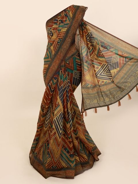 Pothys Beige & Brown Cotton Blend Printed Chanderi Saree