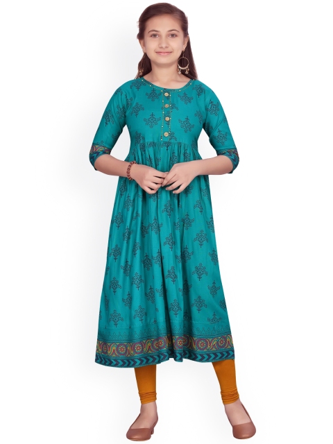 Aarika Girls Green & Brown Printed Kurta with Churidar