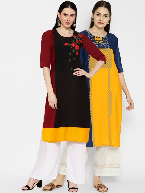7Threads Women Pack Of 2 Printed Crepe Kurta, Black