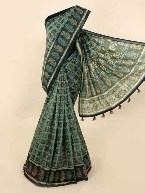 Pothys Green Cotton Blend Batik Printed Chanderi Saree