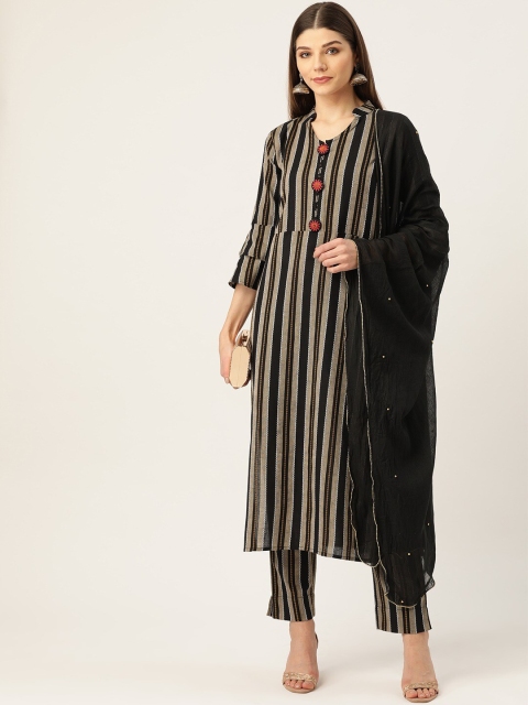 Cottinfab Women Black & Beige Striped Kurta with Trousers & Dupatta