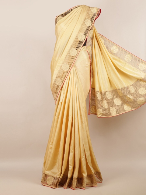 Pothys Cream-Coloured Solid Art Silk Saree
