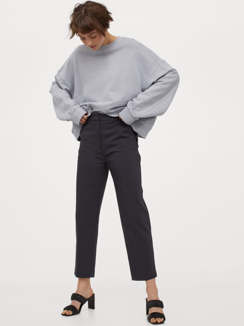 H&M Women Navy Blue Solid Cigarette Trousers