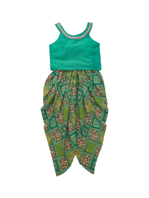 The Magic Wand Girls Sea Green & Brown Solid Top with Dhoti Pants