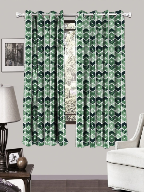 HOUZZCODE White & Green Set of 2 Geometric Printed Black Out Window Curtains
