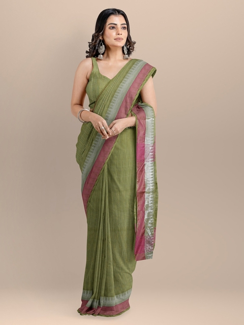 BharatSthali Green Solid Maheshwari Saree