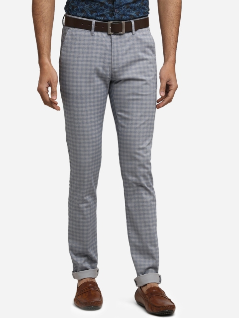 Greenfibre Men Blue Slim Fit Checked Cotton Regular Trousers