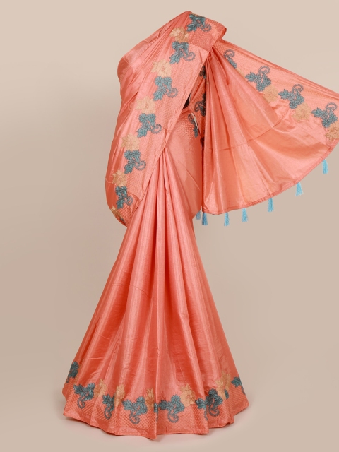 Pothys Peach-Coloured Solid Silk Blend Saree With Tasseled Pallu