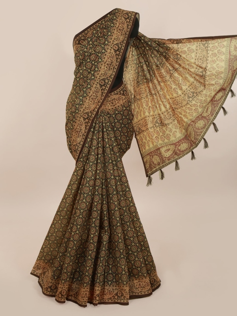 Pothys Olive Green & Beige Cotton Blend Printed Chanderi Saree