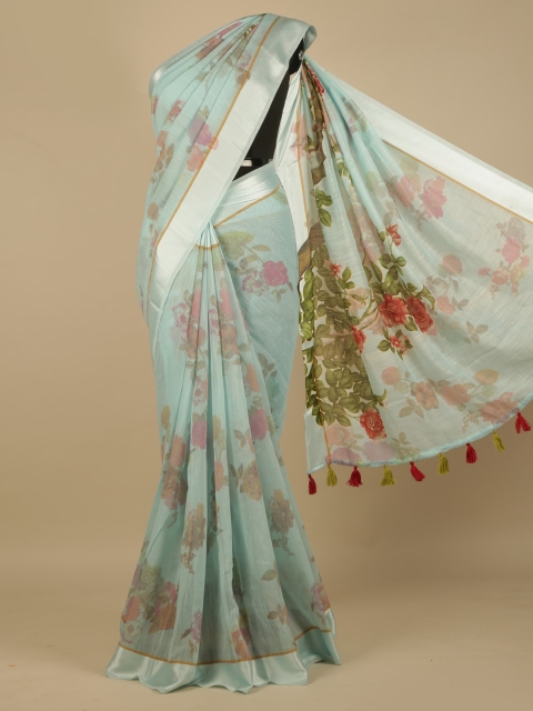 Pothys Turquoise Blue & Green Linen Blend Printed Saree