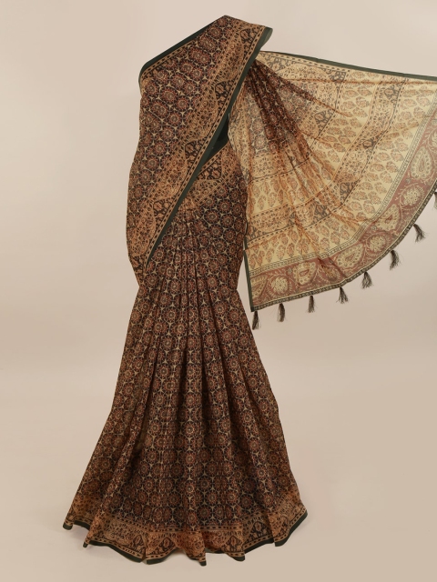 Pothys Brown & Green Cotton Blend Printed Saree With Tasseled Pallu