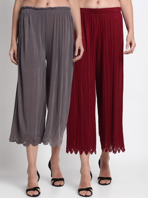 NEUDIS Women Pack of 2 Regular Fit Solid Culottes, Maroon