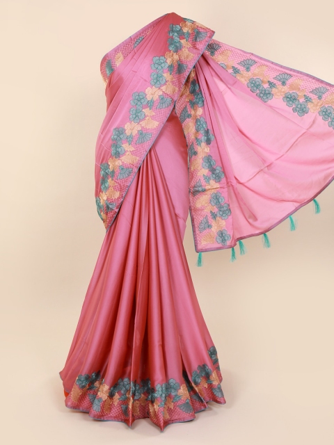 Pothys Pink & Blue Silk Blend Solid Saree