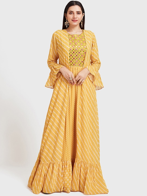 Neerus Women Yellow & Off-White Mirror Embellished Maxi Dress with Etnnic Shrug